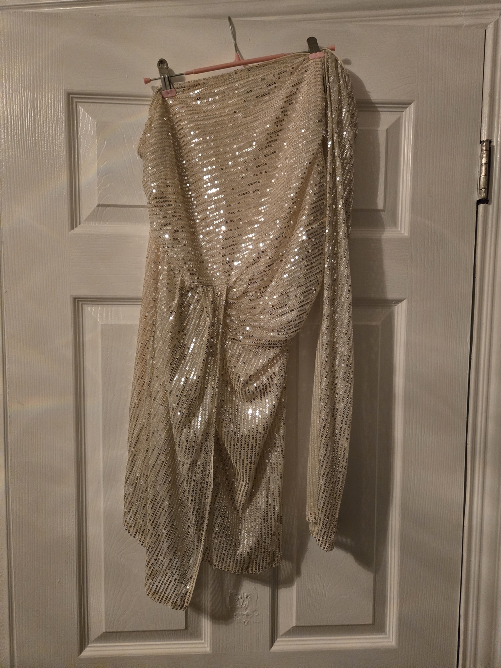 Asymmetrical Ivory Gold Sequin Draped Dress - One-Shoulder Glam